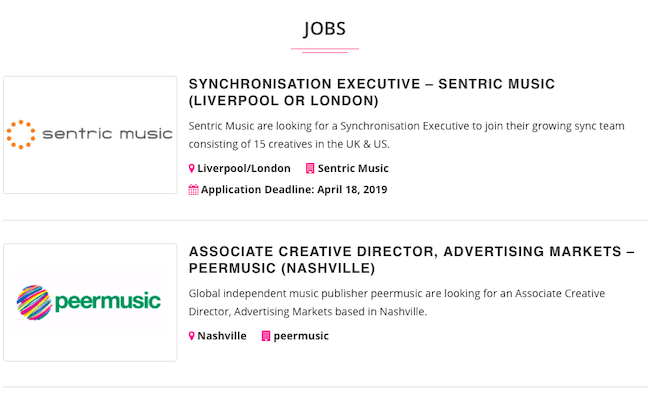 Music industry jobs board