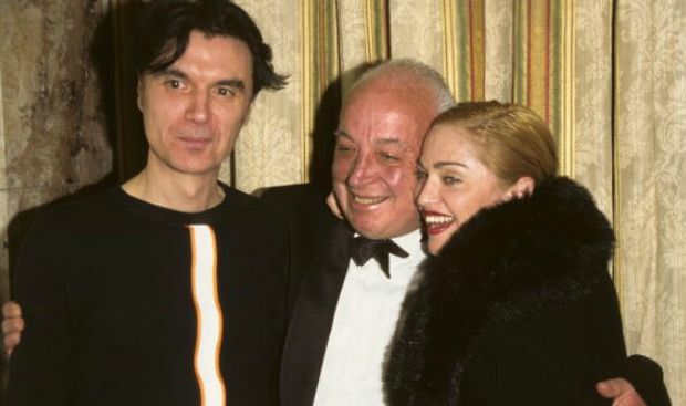 David Byrne, Seymour Stein, and Madonna at the 11th Annual Rock & Roll Hall of Fame Induction Dinner in New York. (Kevin Mazur/WireImage/Getty Images) 