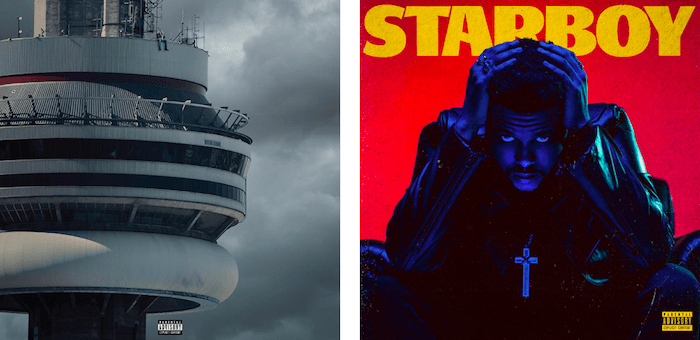Drake's 'VIEWS', which contains 20 songs, and The Weeknd's 'Starboy', which contains 18.