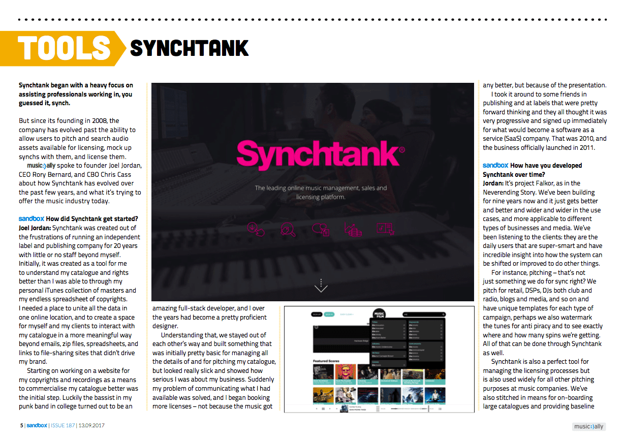 Synchtank in Music Ally’s Sandbox Magazine – 13/09/17 